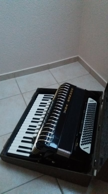 Fekete harmonika a padlón.