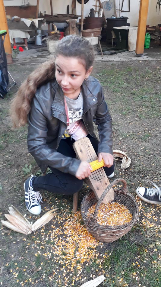 Lány kukoricát morzsol egy kosár fölött az udvaron.