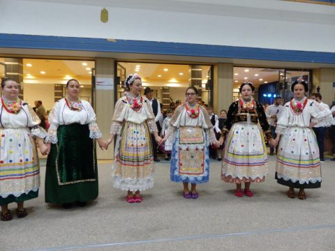 Népviseletbe öltözött lányok kézen fogva körben állnak.